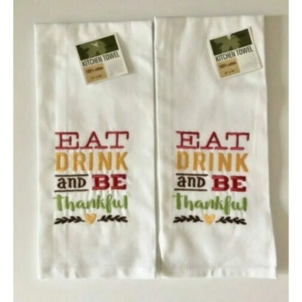 Thanksgiving Kitchen Dish Towels Set of 2 Embroidered Thankful Cotton Sack Cloth